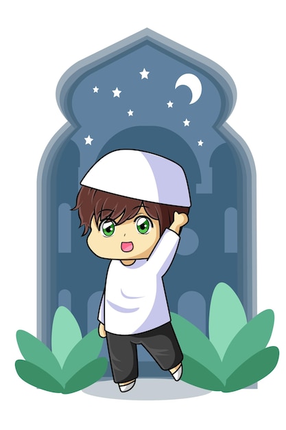 Cute Moslem Boy with White Shirt Cartoon Illustration