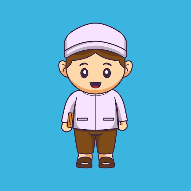 Cute moslem character vector Illustration of a Muslim boy carrying the holy Qur'an