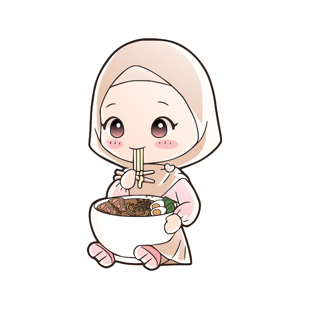 Cute moslem girl eat halal ramen noodles food hand drawn cartoon art illustration mascot logo