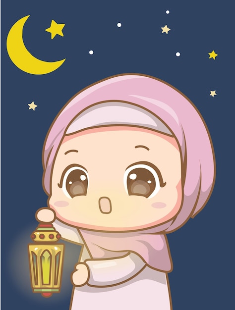 Cute Moslem girl holding lantern Ramadan Kareem flat cartoon illustration