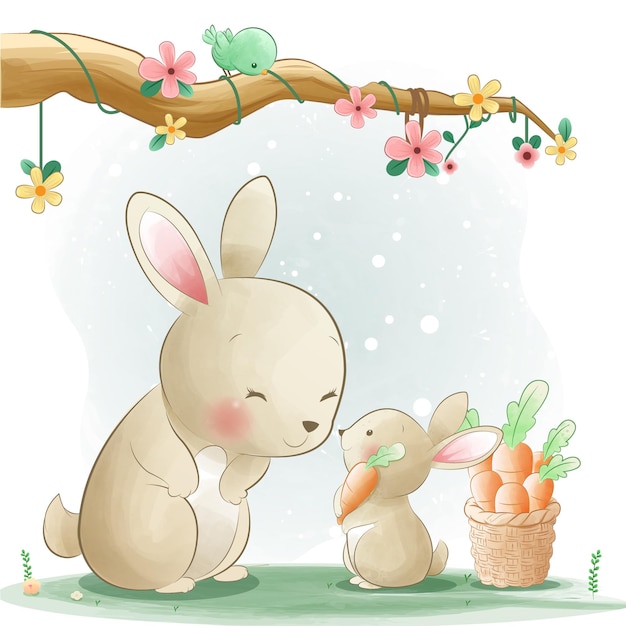 Милая иллюстрация шаржа кролика матери и ребенка