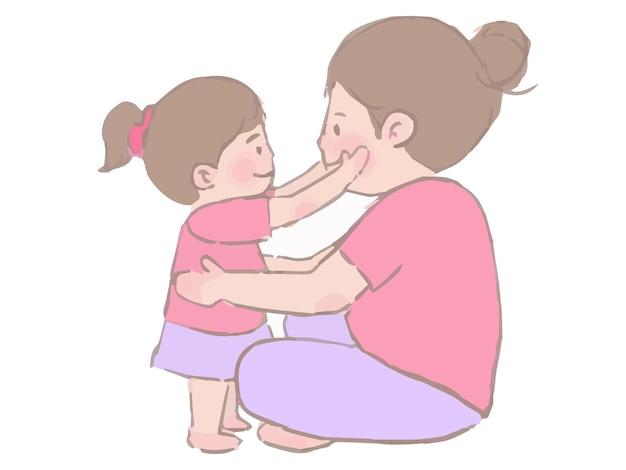 같은 보라색과 분홍색 옷을 입고 포옹하는 귀여운 엄마와 딸