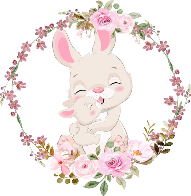 Vector cute mother and baby bunny with flower wreath