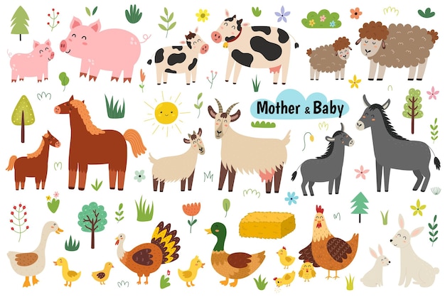 Vector cute mother and baby farm animals set. big collection with sheep, pig, cow, duck and others