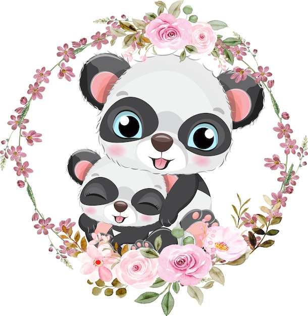 Vector cute mother and baby panda with flower wreath