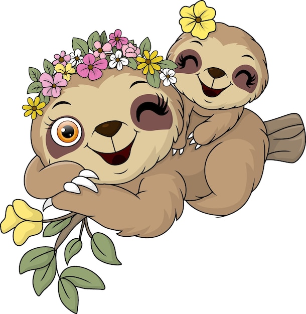 Cute mother and baby sloth cartoon on tree branch