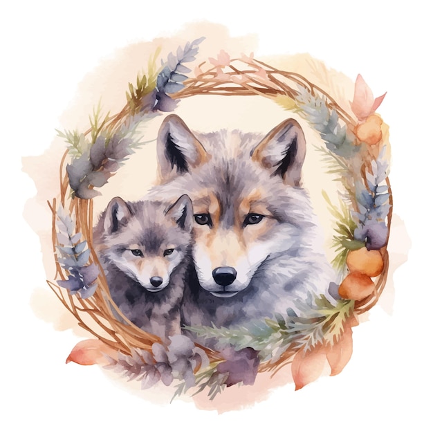 Cute mother and baby wolf cartoon in watercolor painting style