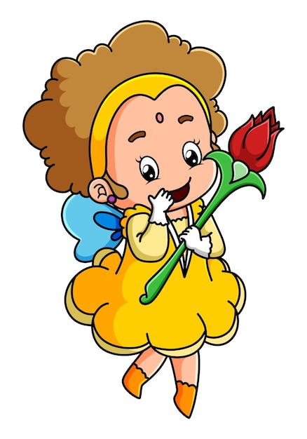 The cute mother of fairy girl is holding the magic rose wand of illustration