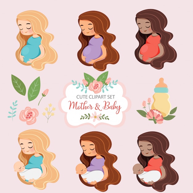 Vector cute mother pragnancy and baby with elements vector clipart