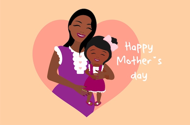 cute mother's day poster dark leather mom hugging her little daughter flat style modern illustration textile print packaging postcard