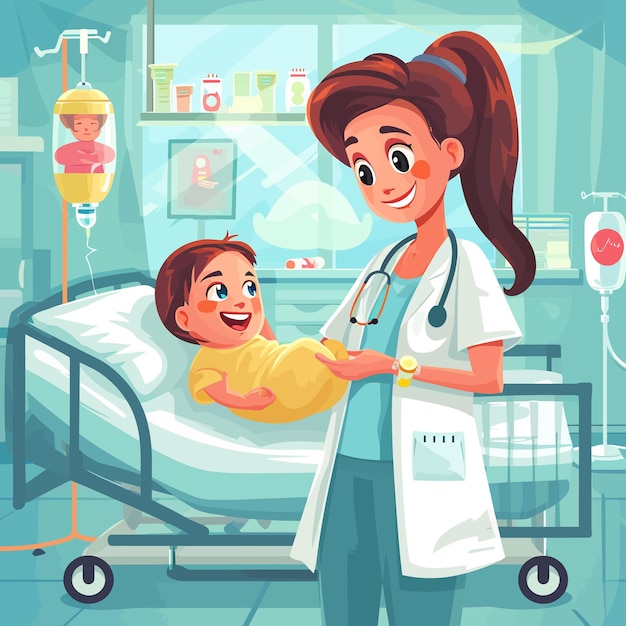 Vector cute_mother_with_newborn_baby_and_doctor_in_hospital