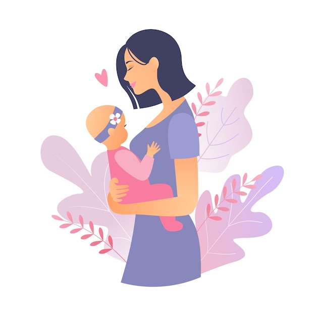 Cute mother with newborn daughter The concept of motherhood family Happy woman hugging baby