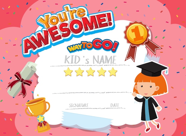 Cute motivational cartoon certificate for children