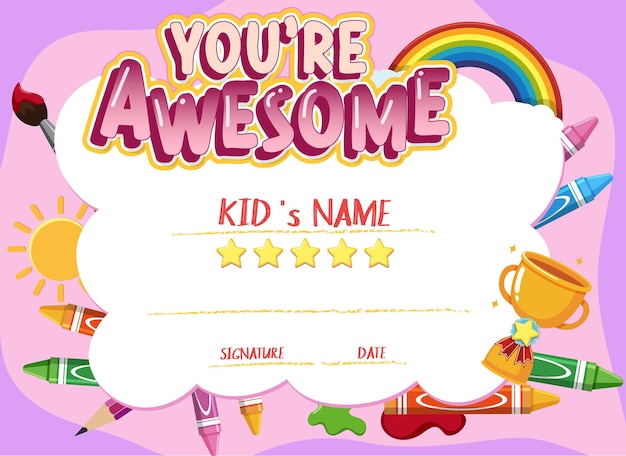 Cute motivational cartoon certificate for children