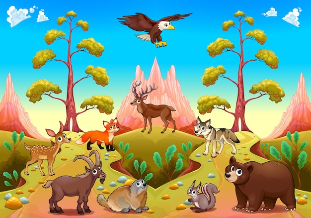 Cute animali di montagna nella natura illustrazione cartoon vettore