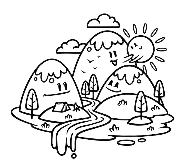 Cute mountain and river view line illustration