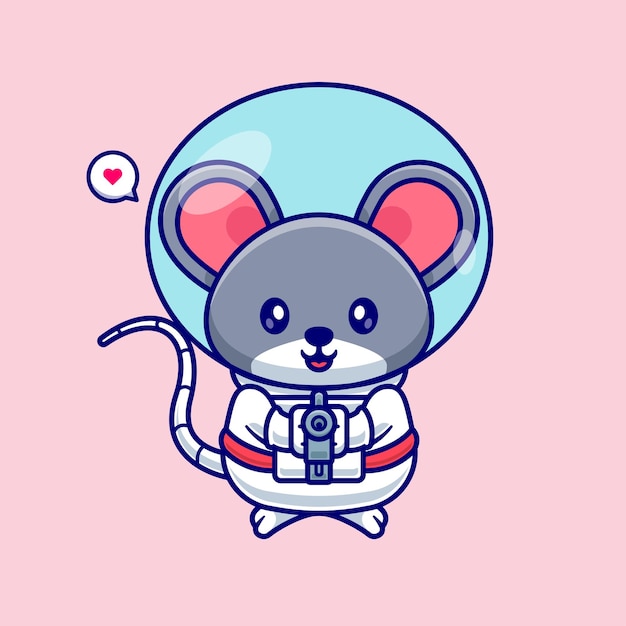 銃を保持しているかわいいマウスの宇宙飛行士 ピストル 漫画のベクトル アイコン イラスト 動物科学 白い背景で隔離