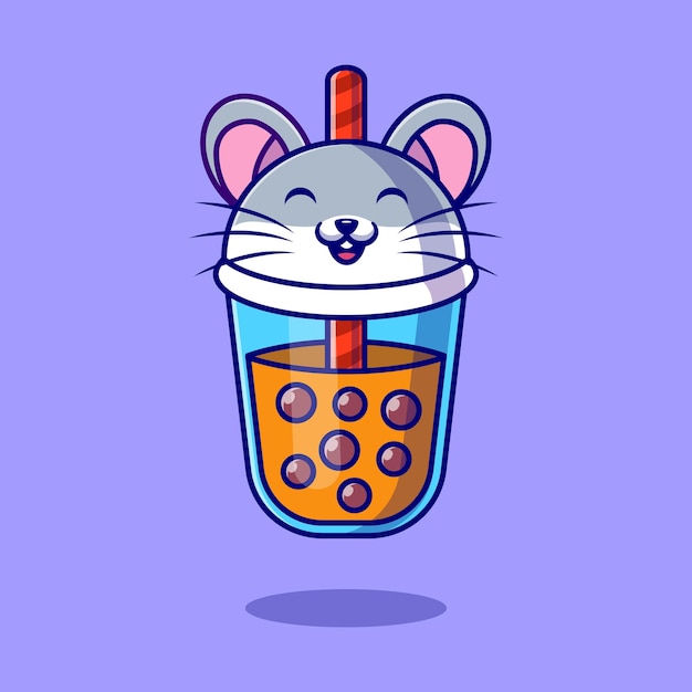 Cute mouse boba milk tea cartoon icon illustration.