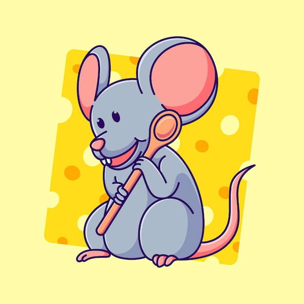 Vector cute mouse carrying spoon vector illustration. cartoon mouse eating cheese