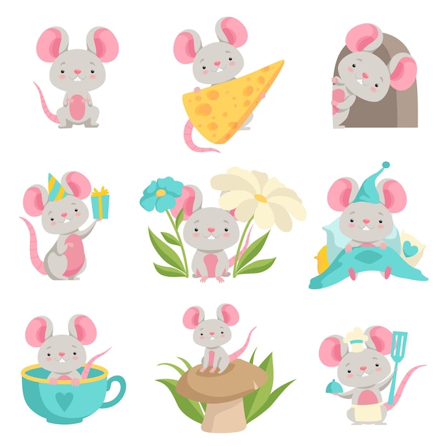 Cute mouse in different situations set funny animal cartoon character vector illustration on a white