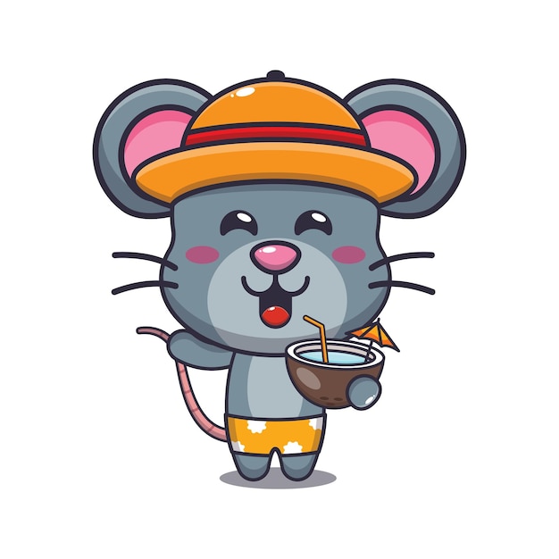 Vector cute mouse drink coconut cartoon illustration.