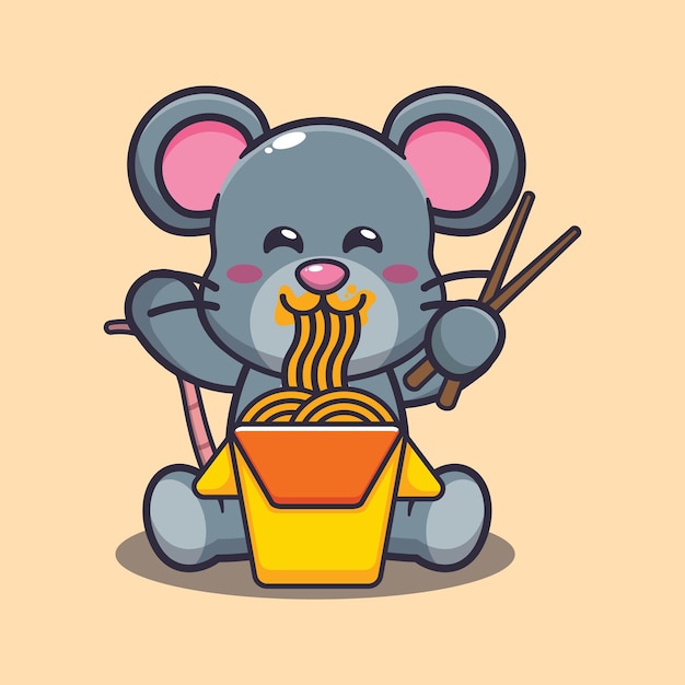 Simpatico topo che mangia noodle simpatico cartone animato animale illustrazione