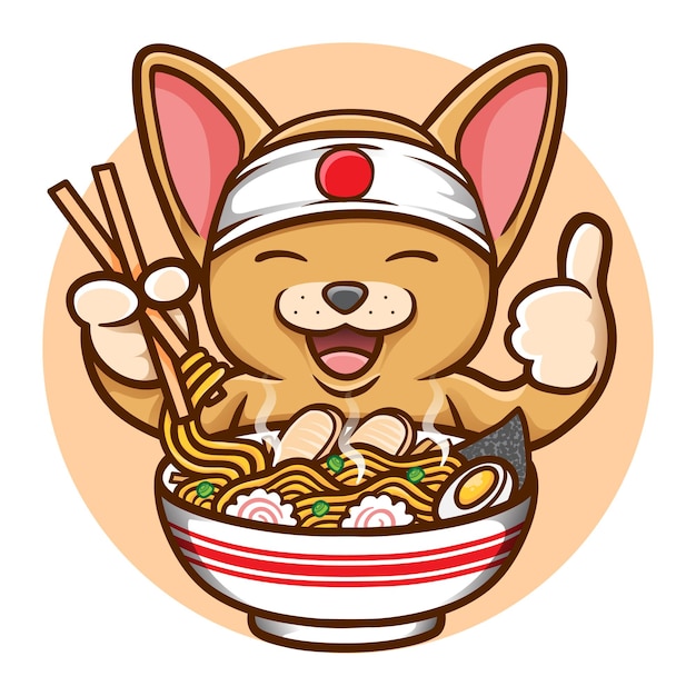 おいしいラーメンを食べるかわいいネズミのイラスト プレミアムベクター