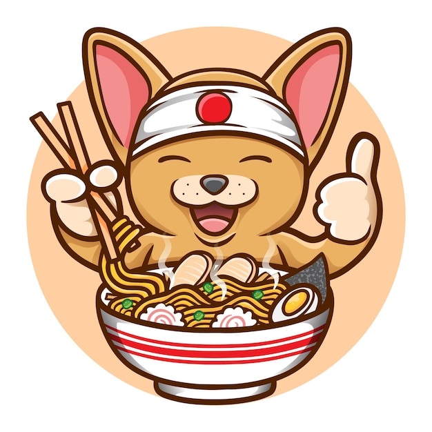 おいしいラーメンを食べるかわいいネズミのイラスト