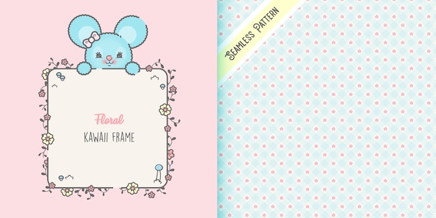 Cute mouse and flowers frame with seamless pattern premium