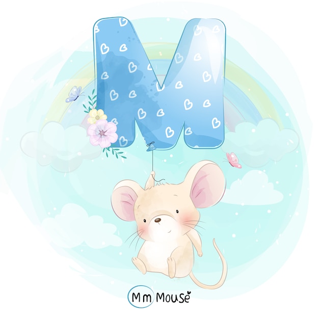 Cute Mouse flying with alphabet-M balloon