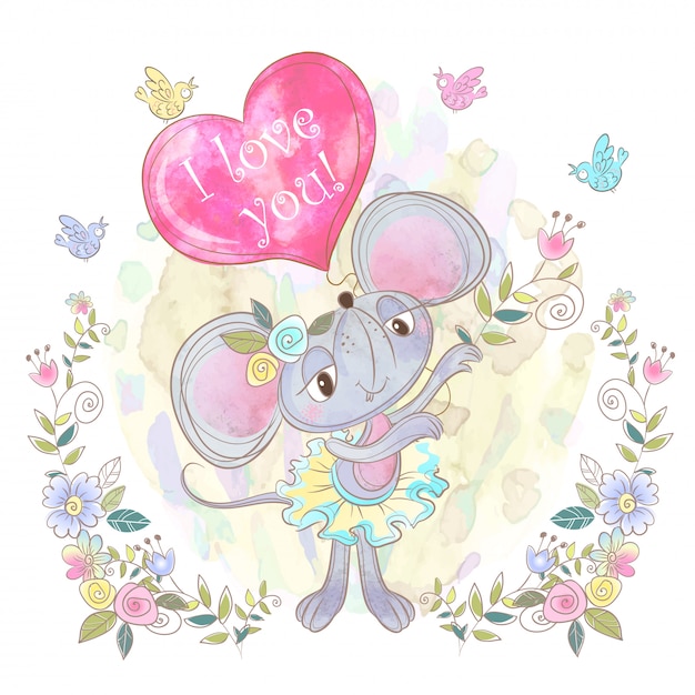 Cute mouse girl with a balloon in the shape of a heart. Valentine.