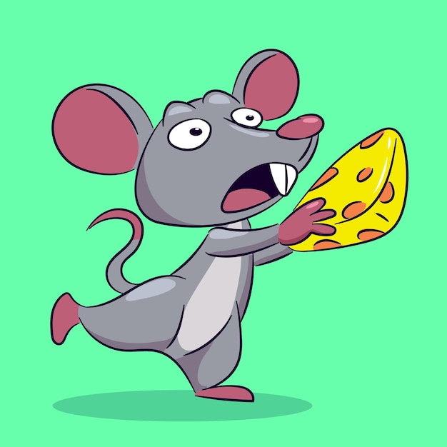 Cute mouse holding cheese cartoon drawing isolated