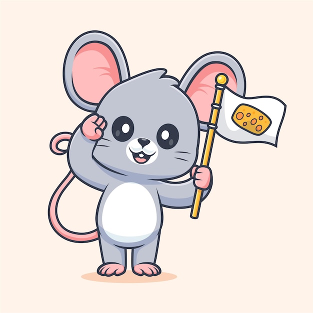 cute mouse holding cheese flag cartoon vector icon illustration animal food icon isolated flat