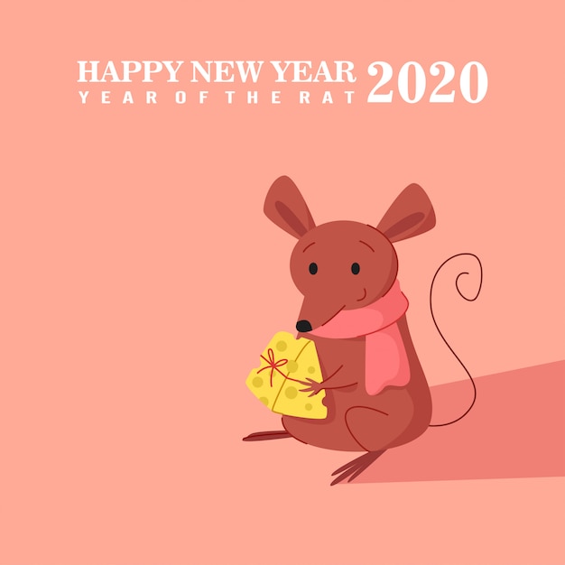 Cute mouse holding a cheese present. happy new year of rat 2020