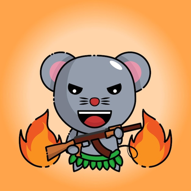 Cute mouse holds ak 47 with flames behind