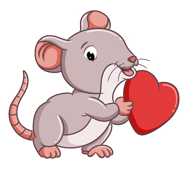 かわいいマウスは、イラストの赤い色で愛の心を保持しています