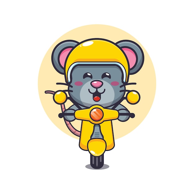 Simpatico personaggio dei cartoni animati della mascotte del topo giro in scooter