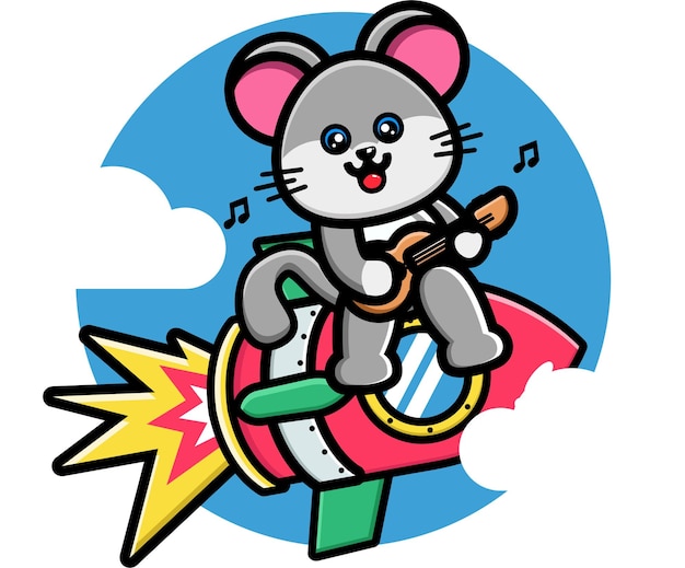 Cute mouse playing guitar on the rocket