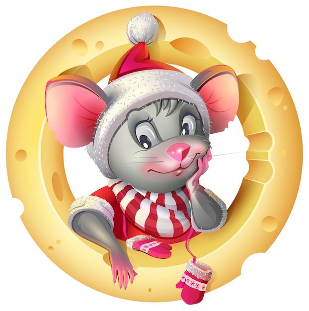 Vector cute mouse in santa costume posing cheese. rat mouse symbol of 2020