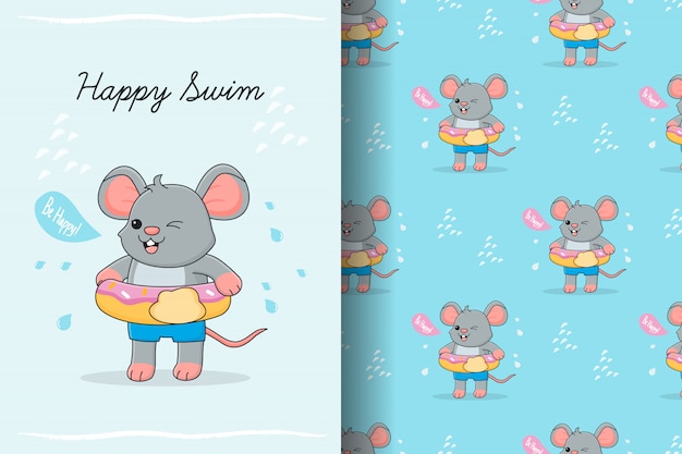 Симпатичная мышь, плавающая с резиновым пончиком, бесшовные модели и карты