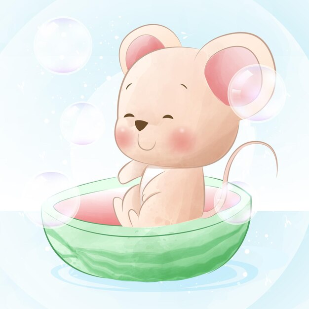 Cute mouse on watermelon cattoon illustration