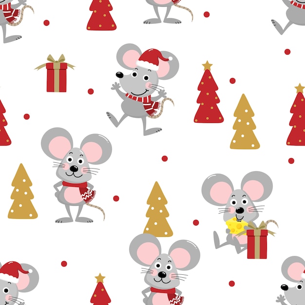 Cute mouse in winter costume seamless pattern