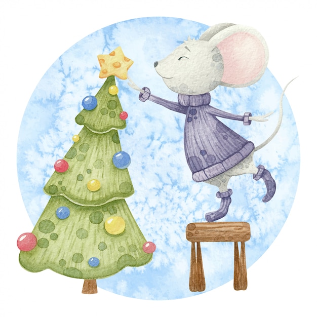 Cute mouse with christmas tree.