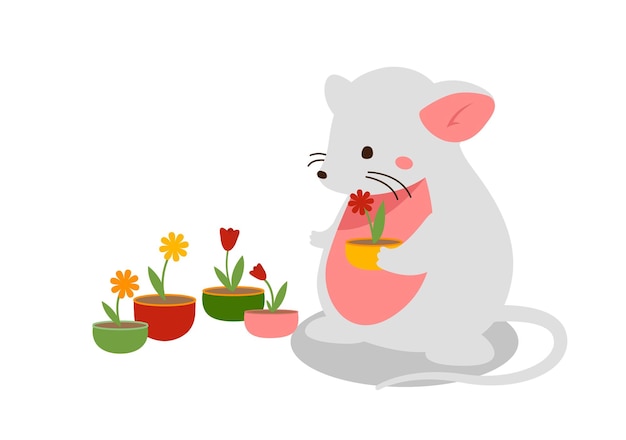 Vector cute mouse with flowerpots