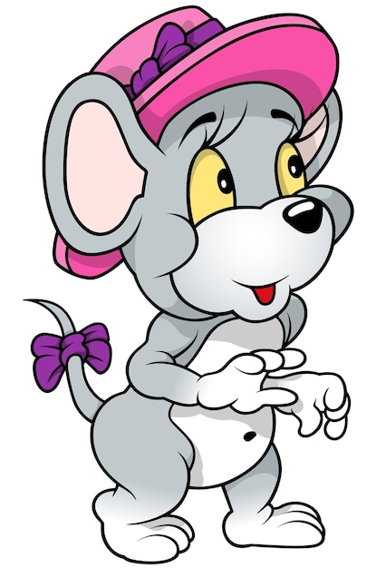 Cute mouse with a pink hat on his head and a bow on his tail as cartoon illustration