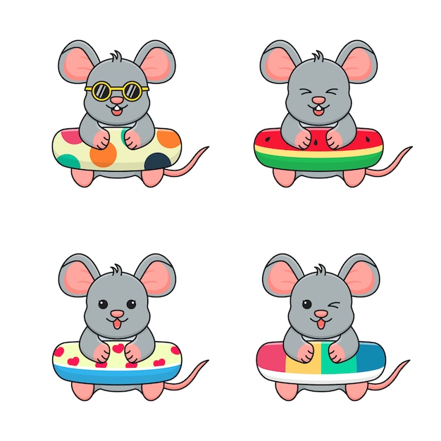 Cute mouse with swim ring polka dots, watermelon, love and rainbow