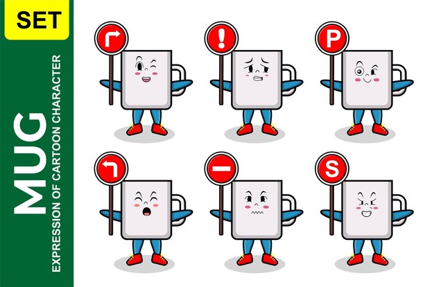 Cute mug cartoon character holding traffic sign in modern 3d style design