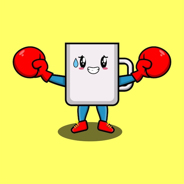 Cute mug Coffee tea cup mascot cartoon playing sport with boxing gloves and cute stylish design