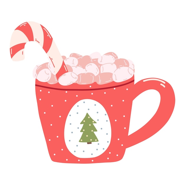 Cute mug with marshmallows and candy cane in cartoon style Hand drawn vector illustration of red cup with Christmas tree hot drink