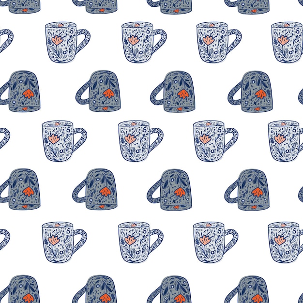 Cute mugs seamless pattern. Background of teatime. Repeated texture in doodle style for fabric, wrapping paper, wallpaper, tissue. Vector illustration.